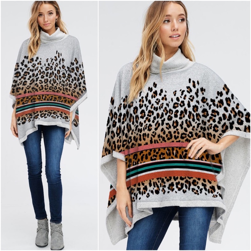 Cozy Leopard Print Turtleneck Poncho Sweater Top